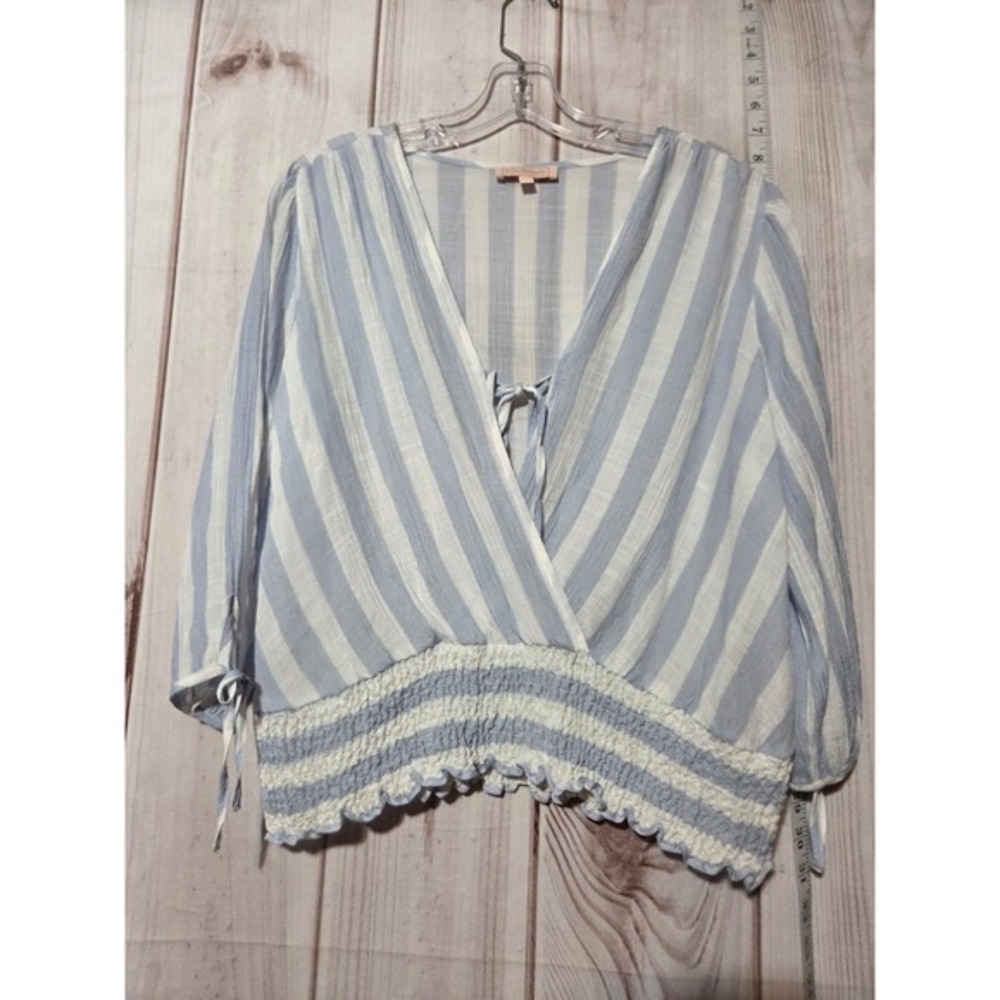 Blousology Striped Tie Neck Smocked Waist‎ Peasant Blouse Top XL